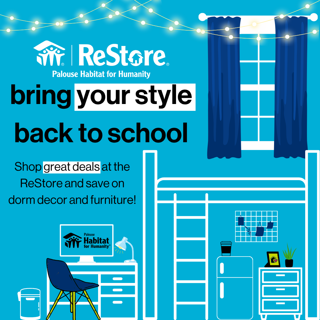 A creative illustration showcasing a stylishly arranged college room filled with affordable dorm decor and furniture from the ReStore.